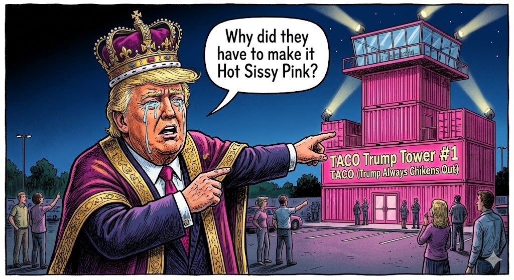Cartoon king Donald crying and pointing at the Sissy Hot Pink TACO Trump Tower