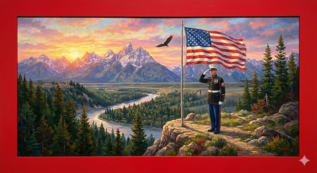 A Marine saluting the American flag at sunrise